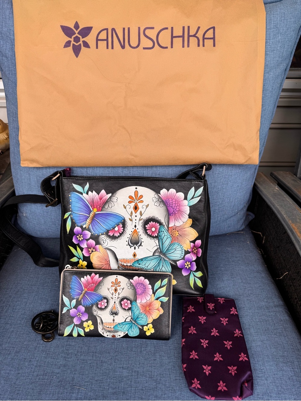 Rare, Discontinued Anuschka Black Day of the Dead Sugar Skulls Purse, Wallet